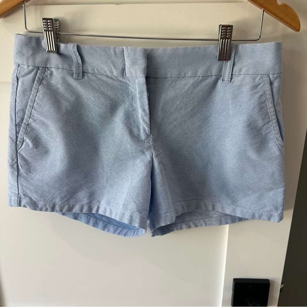 J Crew Size 4 Chino Broken In Flat Front Shorts Light Blue Button Zip Pockets